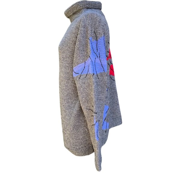 Hand Knit Vtg Turtleneck Wool Sweater Abstract Pattern Gray Red Purple Size 10 - Picture 3 of 5